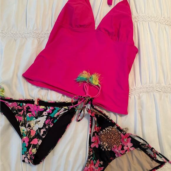 Old navy Victoria secret Vibrant Pink Halter Top with 2 Floral Bikini Bottoms - Picture 2 of 6